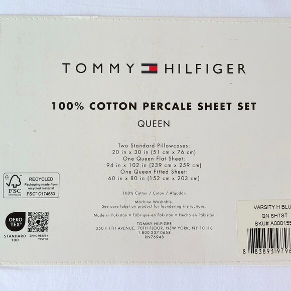 TOMMY HILFIGER Queen Size Crisp Percale Cotton Sheet Set - VARSITY H - Picture 4 of 4